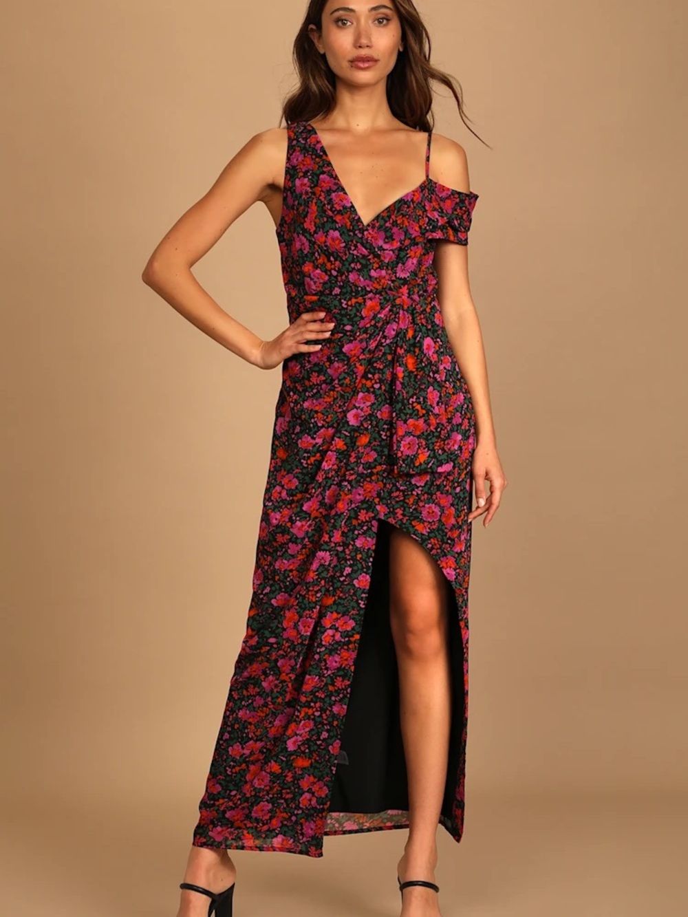 Lulu's Black High-Low One-Shoulder Floral Maxi Dress with Pink & Red